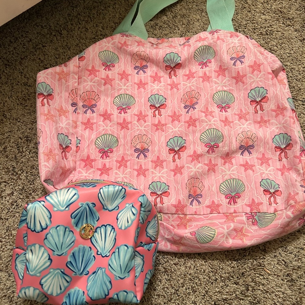 Seashell Tote and Pouch Set - Pink and Blue